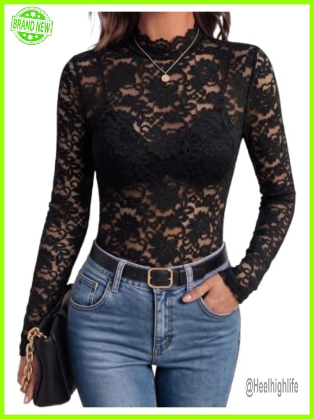 Women's Lace Mesh Long Sleeve Mock Neck Blouse Sheer Top